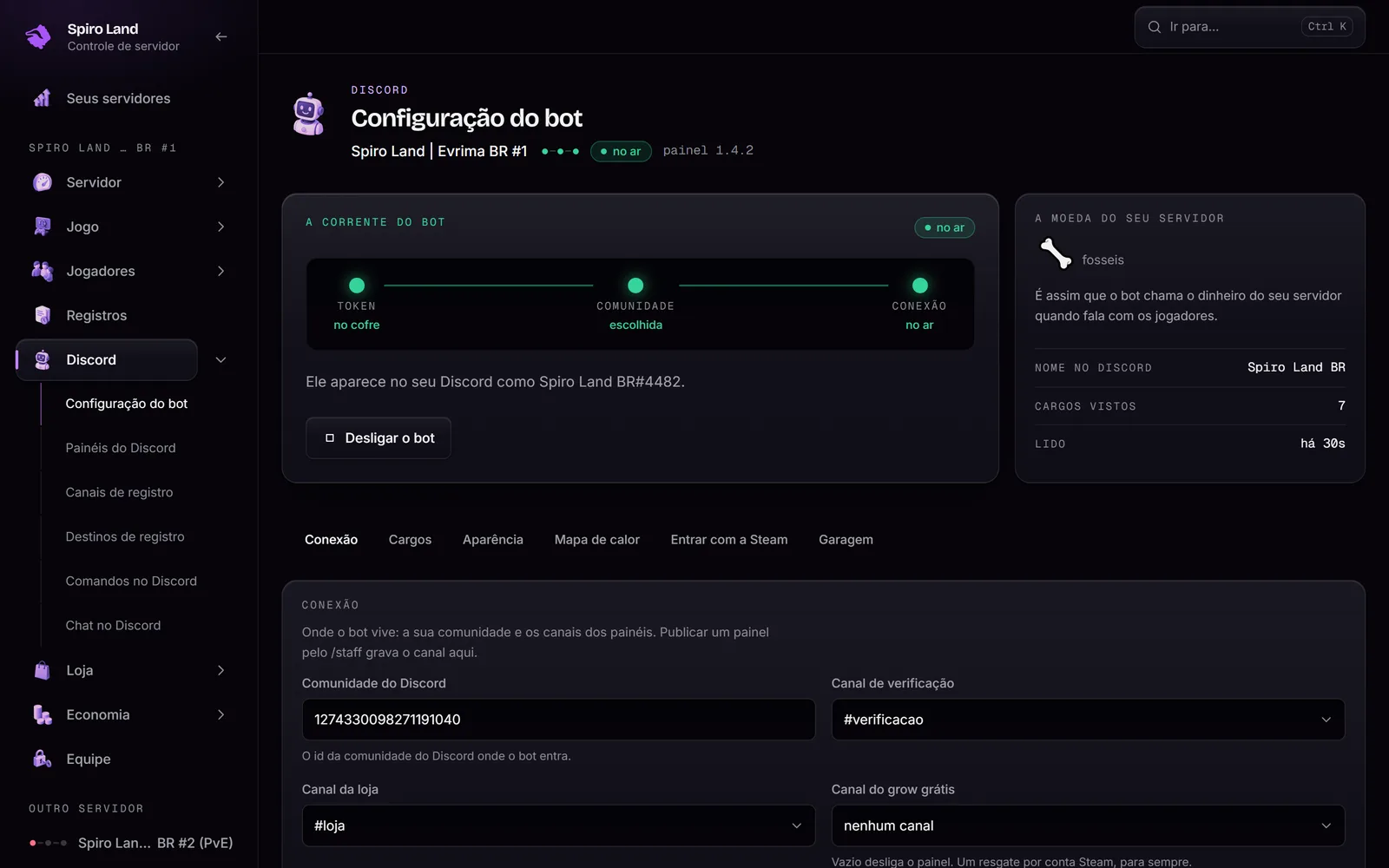 Aba de configuração do bot do Discord no painel Spiro Land, com estado, cargos e moeda do servidor. Dados de exemplo.