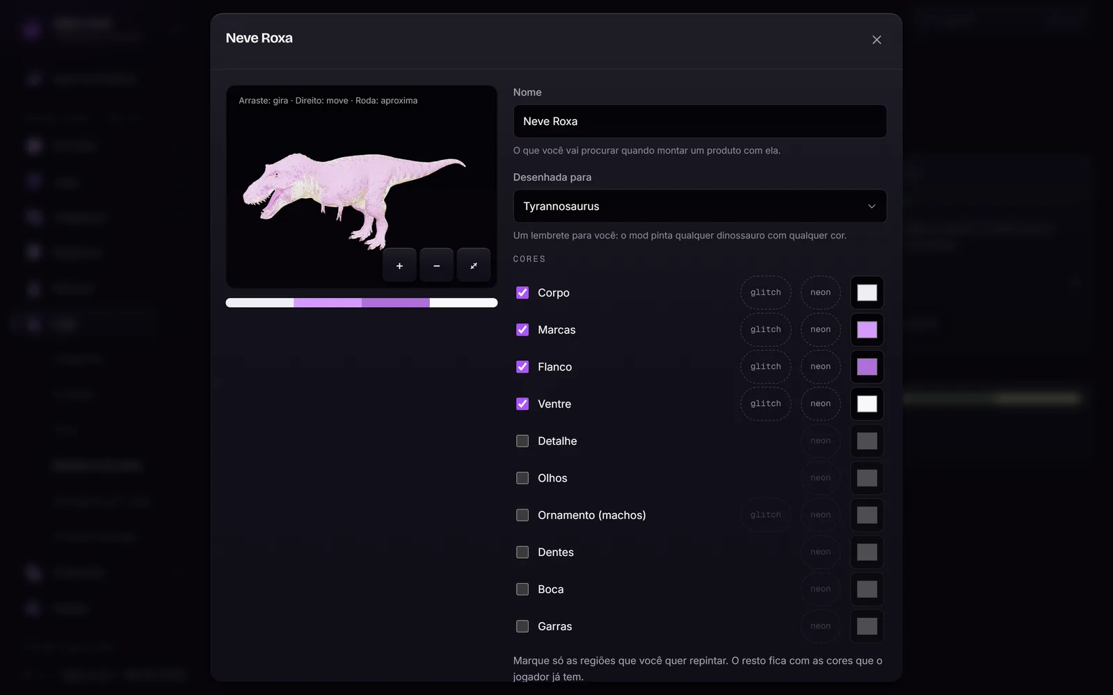 Editor de pele do painel Spiro Land com o Tyrannosaurus carregado no visualizador 3D e as regiões de cor ao lado. Dados de exemplo.
