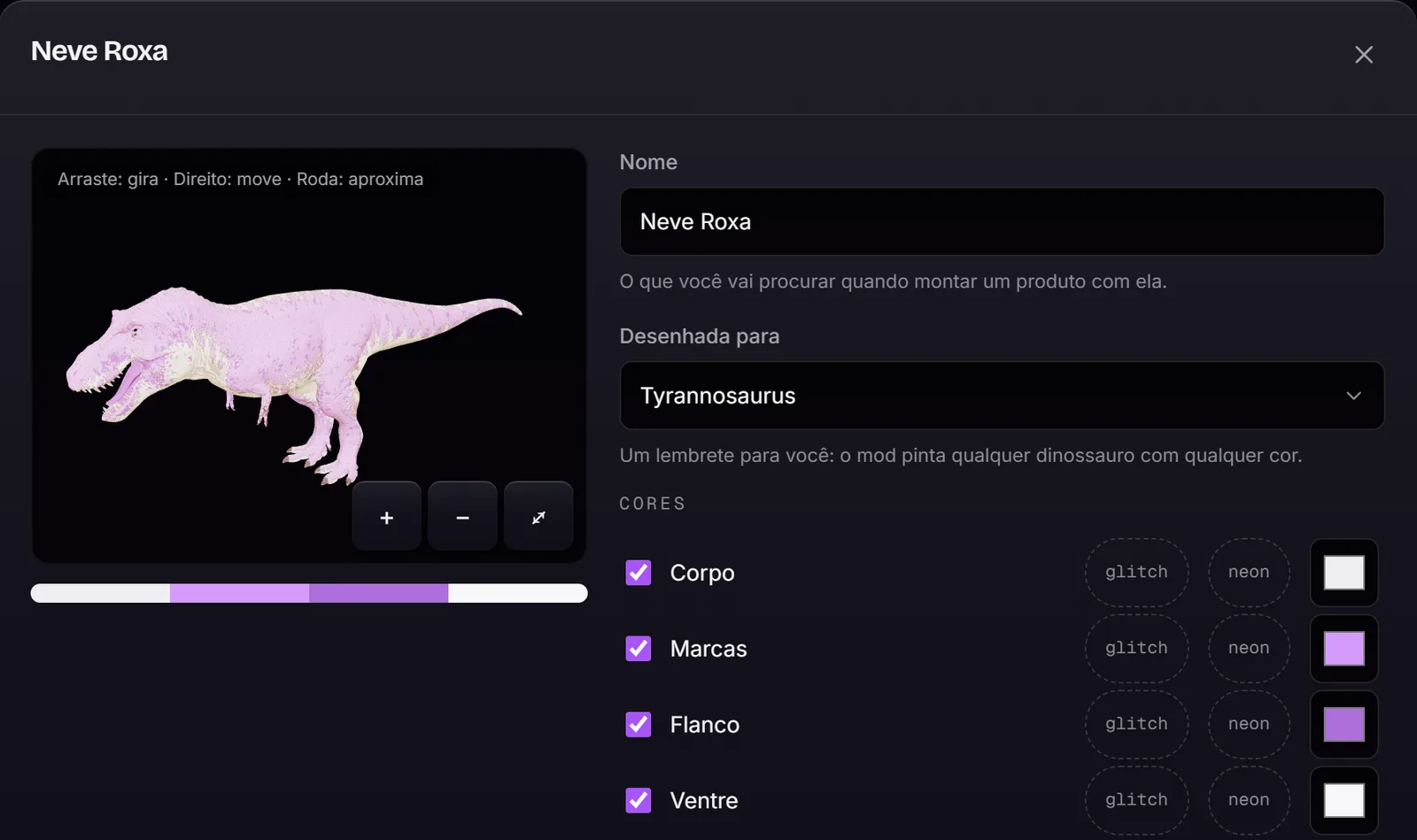 O editor de pele do painel Spiro Land, com o Tyrannosaurus carregado no visualizador 3D e as regiões de cor ao lado.