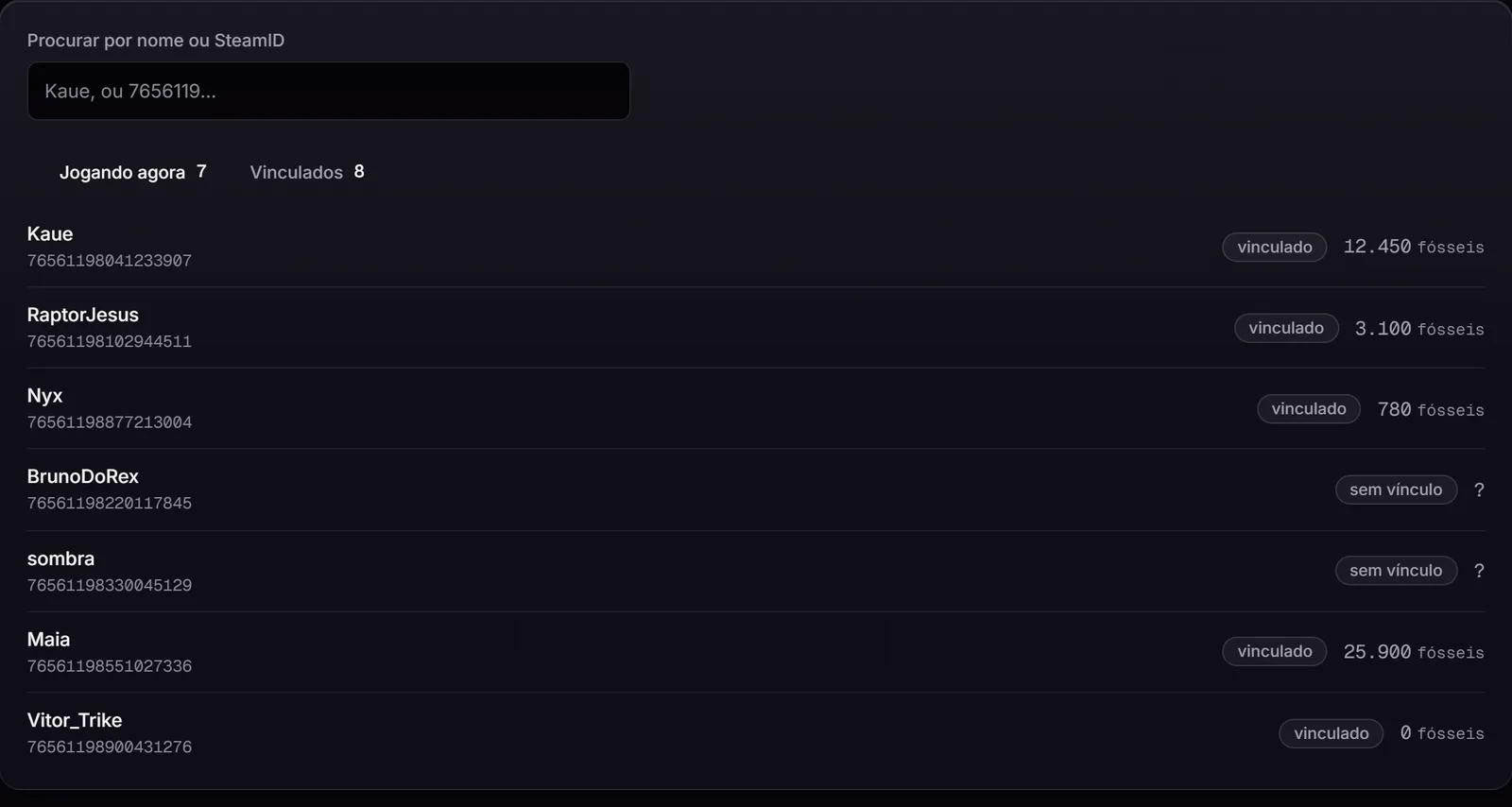 A lista de jogadores no painel Spiro Land, com busca, quem está jogando agora, quem já vinculou a conta e o saldo de cada um.
